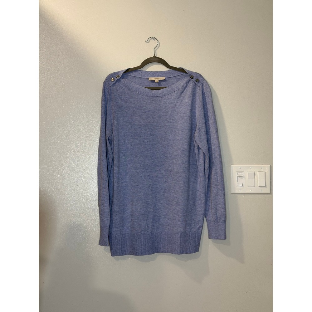 LOFT Womens Blue Marl Boat Neck Button Shoulder Nautical Lightweight Sweater L